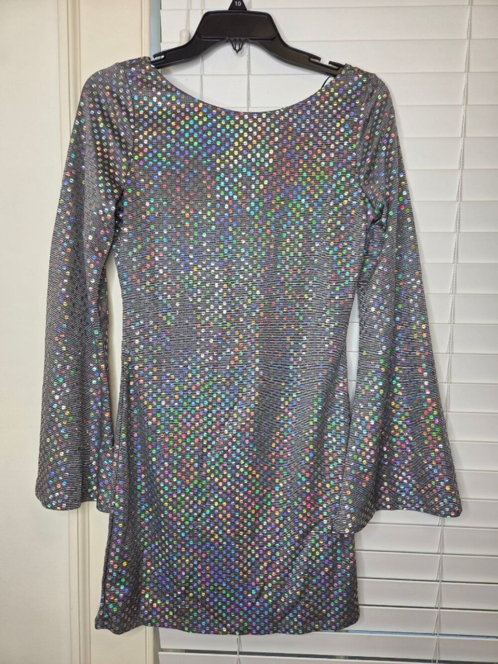 Thirty Thirty Silver Sequin Holographic Dress L Backless Bell Sleeves Disco